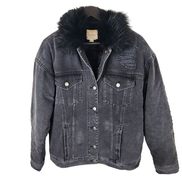 American Eagle Faux Fur Lined Distressed Denim Jacket M - Picture 1 of 10